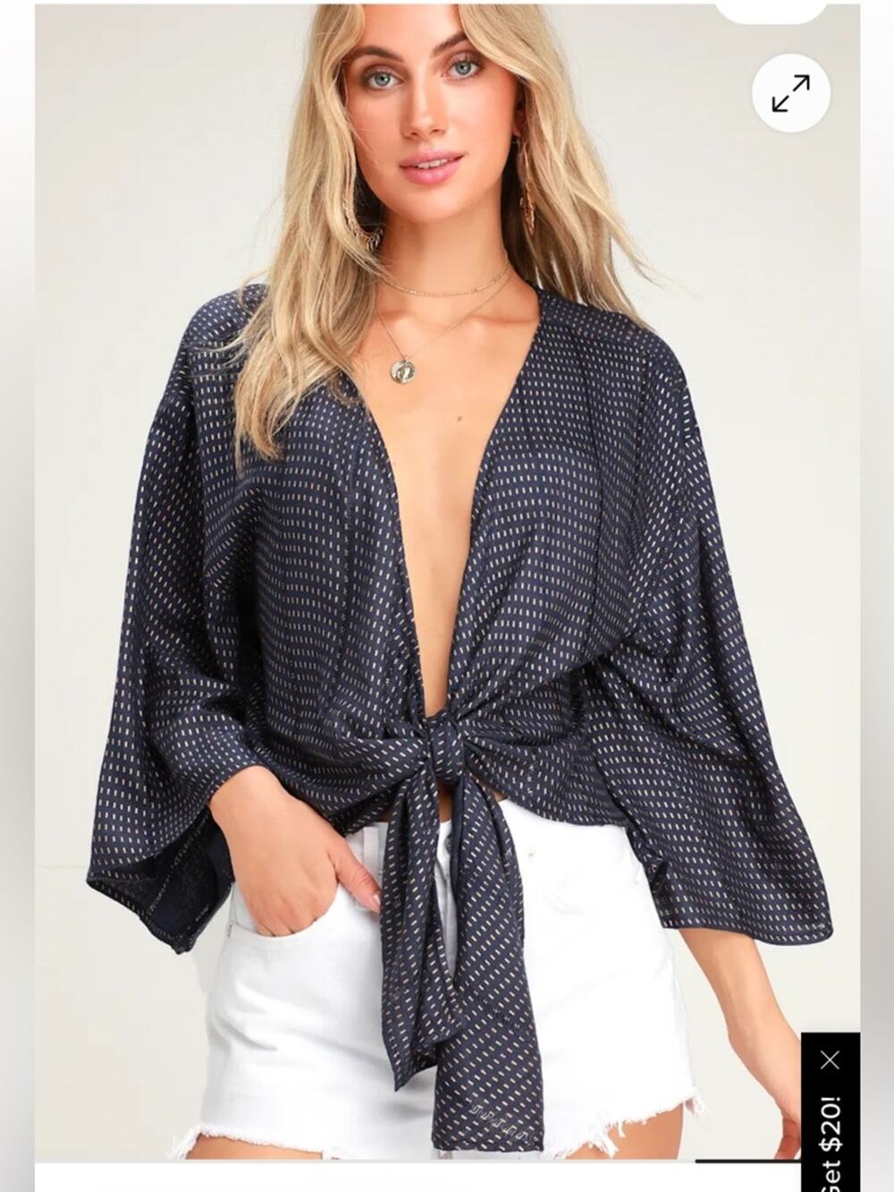 Lulu's Undeniable Navy Gold Dot Tie-Front Blouse, EUC, Small, MSRP $42